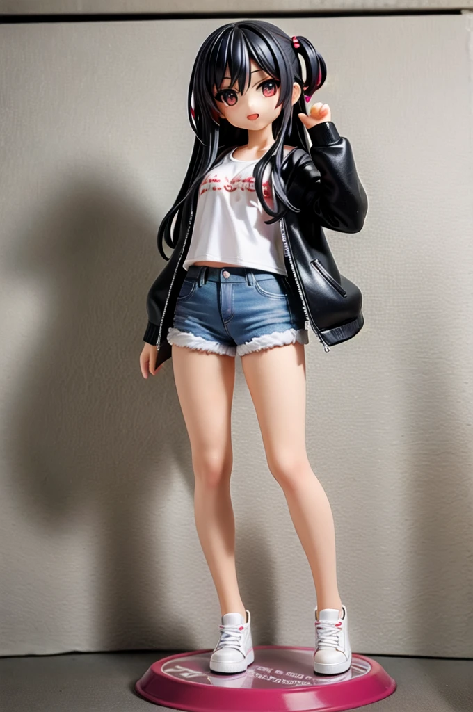 1girl, ((figure)) , ((((chibi)))), (( pvc)), best quality , realistic, ((photo)) long straight black hair, wearing a black cardigan with a white t-shirt underneath, jeans shorts, sneakers simple background