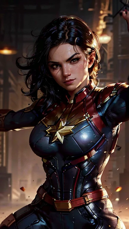 Captain Marvel(Gina Carano face), combat stance, highly detailed, vibrant appearance, creative behavior, extremly detailed, imaginative, sensual, spontaneous, small breasts, athletic physique, revealing, highest quality, skin texture, intricate details, (cinematic lighting), RAW photo, 8k, masterpiece,best quality,ultra-detailed,very detailed illustrations,extremely detailed,intricate details,highres,super complex details,extremely detailed 8k cg wallpaper,