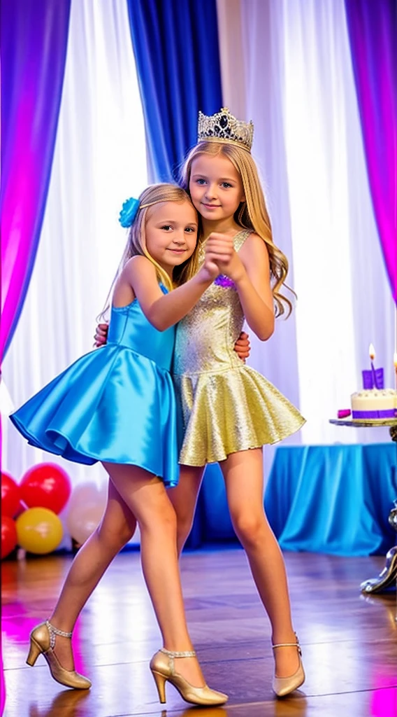 two beautiful little 11 year old Russian girls long blonde hair, tiny short dress, dressing like a princess, nice legs, dancing in a birthday party