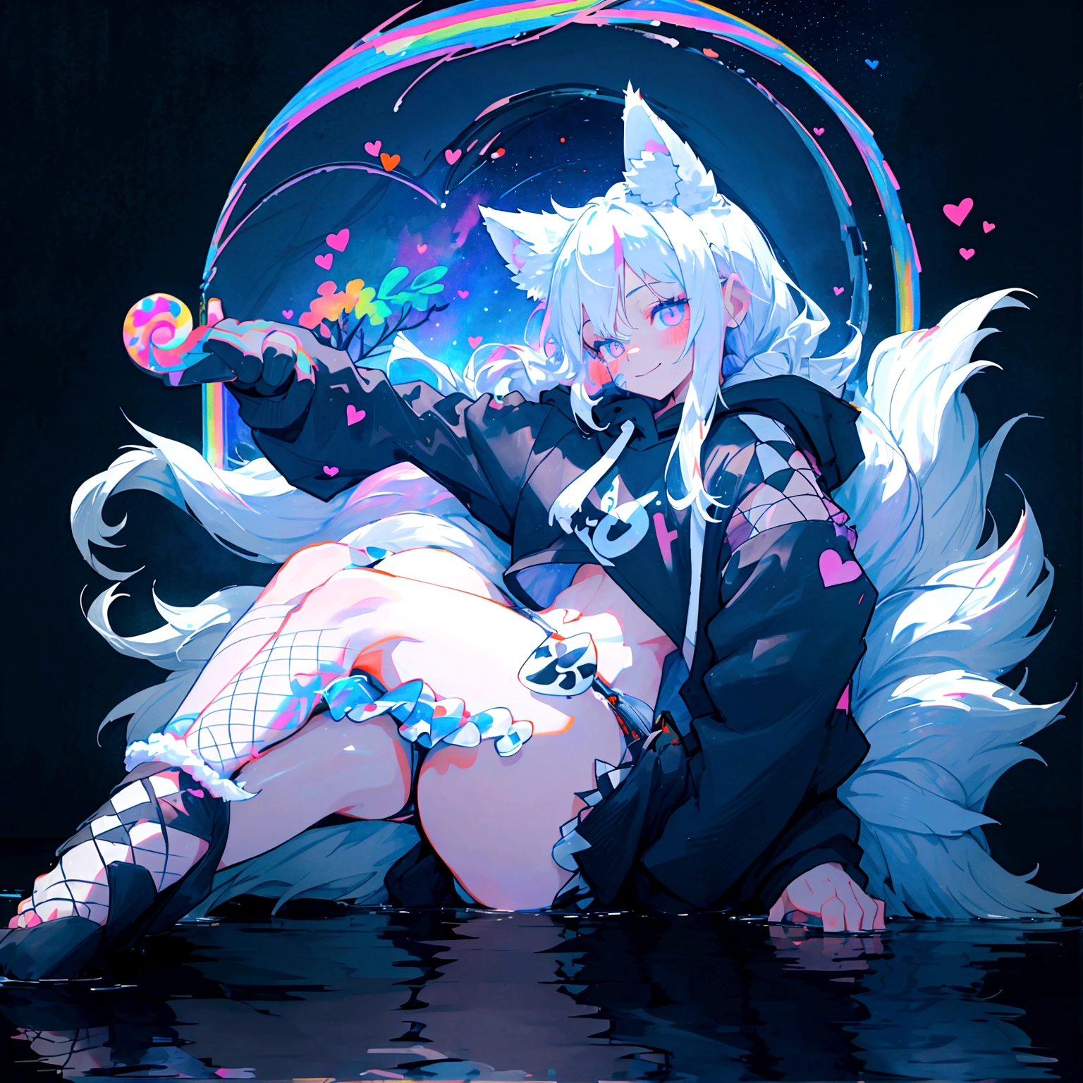 a cute adult male with wolf ears, long white hair, long locks, has a wolf tail, wearing a loose cropped black hoodie, wearing a pair of denim short shorts and fishnet stockings, thick thighs, wide hips, relaxing on mound of fluffy multi colored kawaii plushies, short, very slim, showing slender tummy, heart on hoodie, squishy thighs, has glowing blue eyes. alone, solo (ALONE)(SOLO), surrounded by rainbows, colorful galaxy backround, smiling, stretching out, water reflection