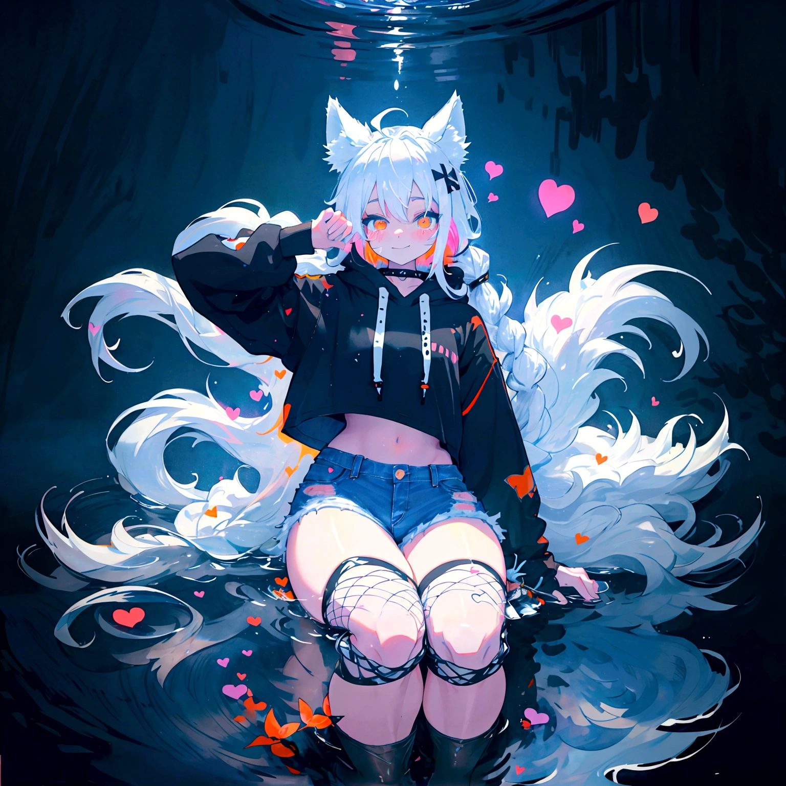 a cute adult male with wolf ears, long white hair, long locks, has a wolf tail, wearing a loose cropped black hoodie, wearing a pair of denim short shorts and fishnet stockings, thick thighs, wide hips, relaxing on mound of fluffy multi colored kawaii plushies, short, very slim, showing slender tummy, heart on hoodie, squishy thighs, has glowing blue eyes. alone, solo (ALONE)(SOLO), surrounded by rainbows, colorful galaxy backround, smiling, stretching out, water reflection