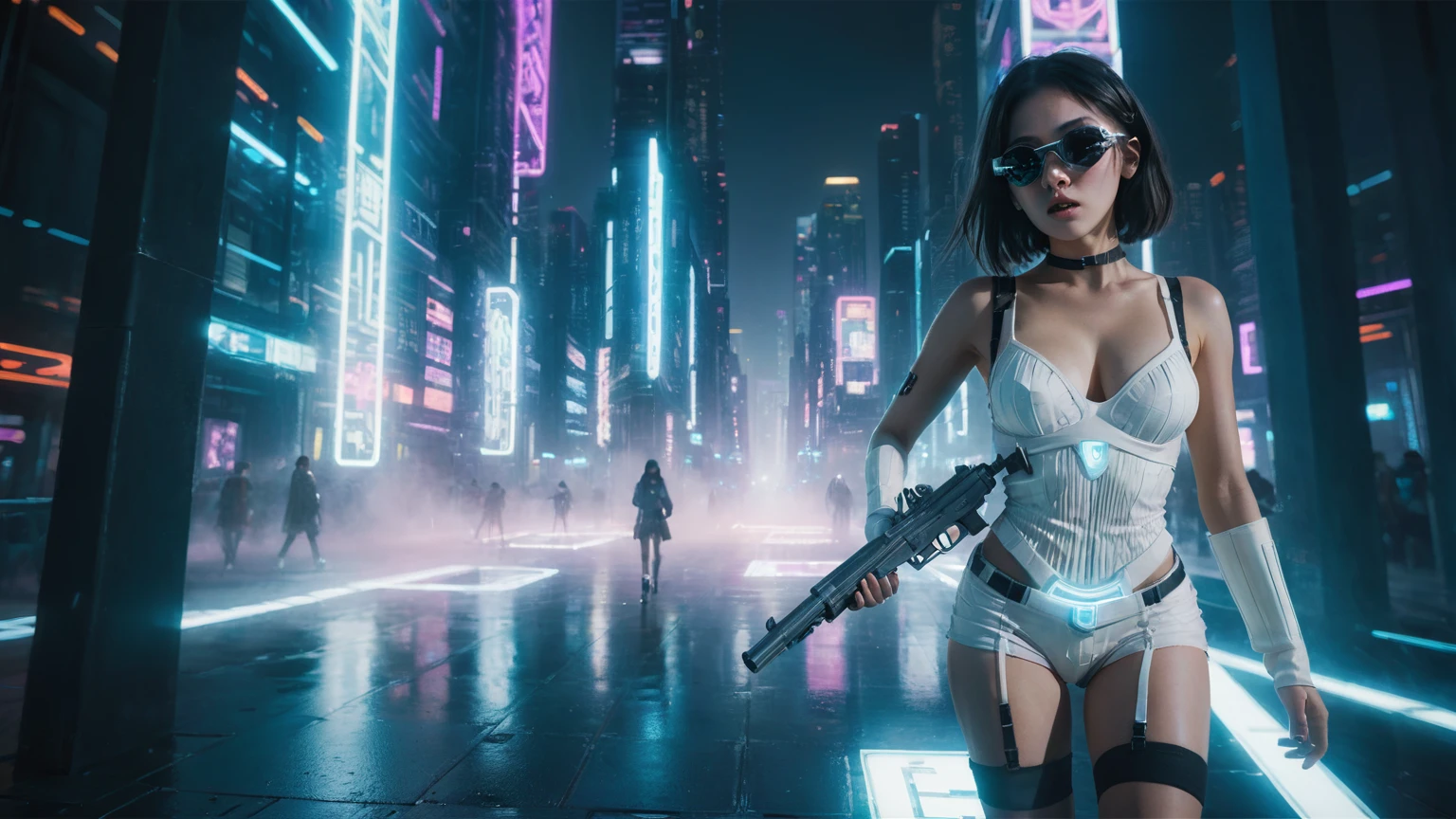 Cyberpunk female plagiarist immersed in digital theft, neon-lit alias within a vast online labyrinth, grotesque grunge brushing into surrealism, illuminated by kaleidoscopic volumetric light, a detailed masterpiece reminiscent of Moebius' distinctive style, deep focus, heightened depth field, psychedelic undertones amplified in a cinematic shot, aerial view of cyberpunk city at night, (((((1girl, solo))))), photo realistic, (((((large-breast:1.3 slim body, cleavage:1.4))))), (((off broken mini sling-shirt and black sling bra, extreamly short white pleated miniskirt, (((micro panty)))))), (((((running pose))))), (((((((matrix style black micro sunglasses))))))), ((((((((((aiming with a short gun)))))))))), (((((looking at camera))))), (((very low view))), (((((half-body thigh level medium shot))))), (((cinematic lighting))).