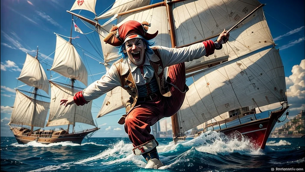 masterpiece, best quality, extremely detailed, hyperrealistic:1.1, photorealistic, a cool 40s man, ultra detailed face:1.2, red nose:1.3, long blue hair, red and white pirate hat, kicking, dynamic pose, laughing, on detailed yacht, sea