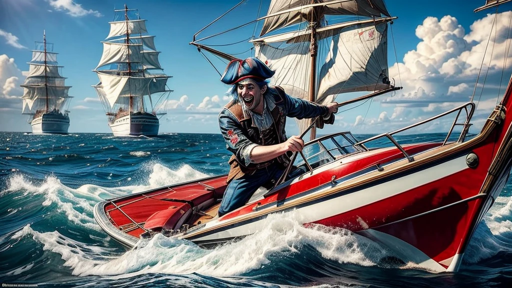 masterpiece, best quality, extremely detailed, hyperrealistic:1.1, photorealistic, a cool 40s man, ultra detailed face:1.2, red nose:1.3, long blue hair, red and white pirate hat, kicking, dynamic pose, laughing, on detailed yacht, sea