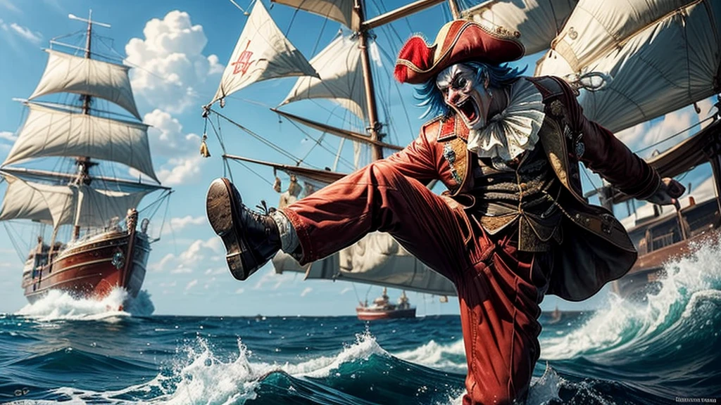 masterpiece, best quality, extremely detailed, hyperrealistic:1.1, photorealistic, a cool 40s man, ultra detailed face:1.2, red nose:1.3, long blue hair, red and white pirate hat, kicking, dynamic pose, laughing, on detailed yacht, sea