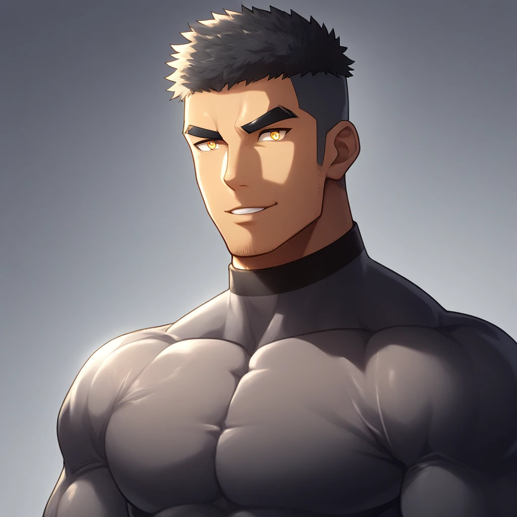 anime characters：Gyee, Muscle Sports Student, negro black skin, 1 dark skin muscular tough guy, Manliness, male focus, Yellow and black striped high collar long sleeve tight T-shirt, Slightly transparent material, Very tight, Round, full and perky chest muscles, Slightly transparent, muscular male, muscular, only, Upper body, alone, Black short hair, Thick eyebrows, stubble, Yellow eyes, Grey background, simple background, amazing quality, best aesthetics, Ridiculous, bright pupils, crew cut, parted lips, seductive smile, torogao, naughty face, drop shadow, best quality