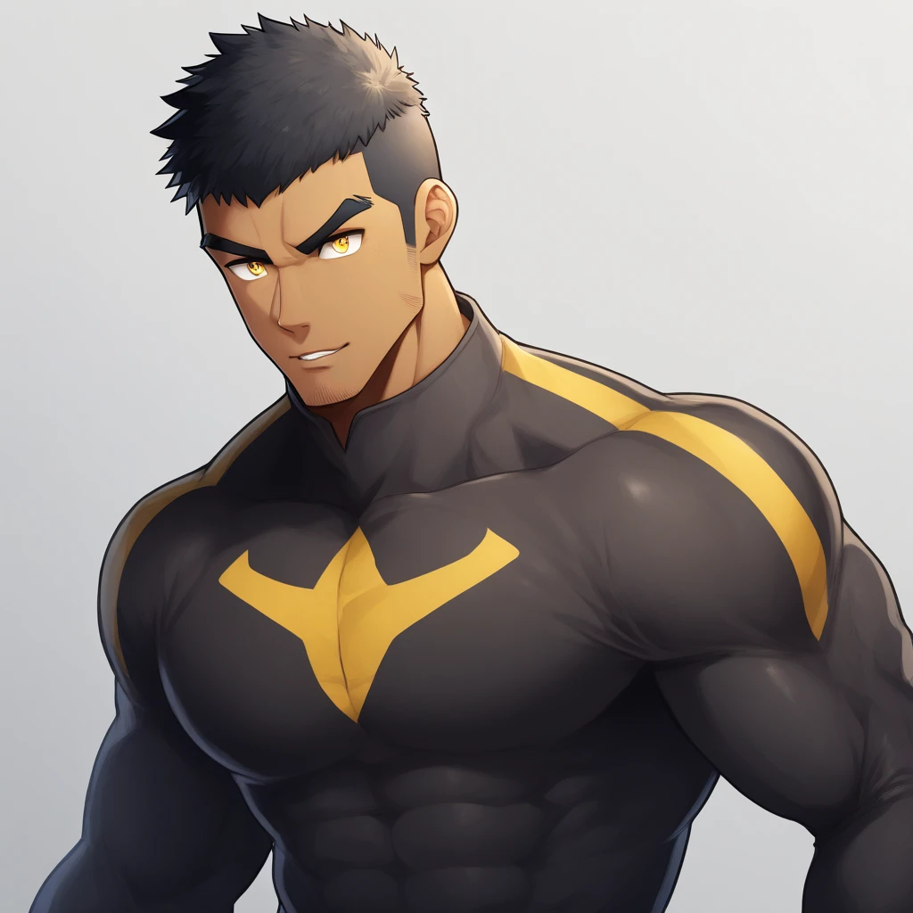 anime characters:Gyee, Muscle Sports Student, negro black skin, 1 dark skin muscular tough guy, Manliness, male focus, Yellow and black striped high collar long sleeve tight T-shirt, Slightly transparent material, Very tight, Round, full and perky chest muscles, Slightly transparent, muscular male, muscular, only, Upper body, alone, Black short hair, Thick eyebrows, stubble, Yellow eyes, Grey background, simple background, amazing quality, best aesthetics, Ridiculous, bright pupils, crew cut, parted lips, seductive smile, torogao, naughty face, drop shadow, best quality