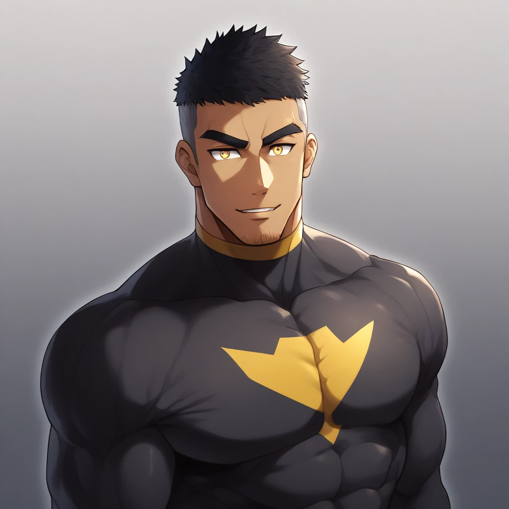 anime characters:Gyee, Muscle Sports Student, negro black skin, 1 dark skin muscular tough guy, Manliness, male focus, Yellow and black striped high collar long sleeve tight T-shirt, Slightly transparent material, Very tight, Round, full and perky chest muscles, Slightly transparent, muscular male, muscular, only, Upper body, alone, Black short hair, Thick eyebrows, stubble, Yellow eyes, Grey background, simple background, amazing quality, best aesthetics, Ridiculous, bright pupils, crew cut, parted lips, seductive smile, torogao, naughty face, drop shadow, best quality