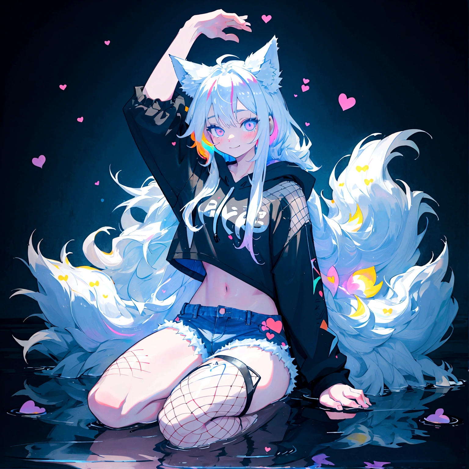 a cute adult male with wolf ears, long white hair, long locks, has a wolf tail, wearing a loose cropped black hoodie, wearing a pair of denim short shorts and fishnet stockings, thick thighs, wide hips, relaxing on mound of fluffy multi colored kawaii plushies, short, very slim, showing slender tummy, heart on hoodie, squishy thighs, has glowing blue eyes. alone, solo (ALONE)(SOLO), surrounded by rainbows, colorful galaxy backround, smiling, stretching out, water reflection