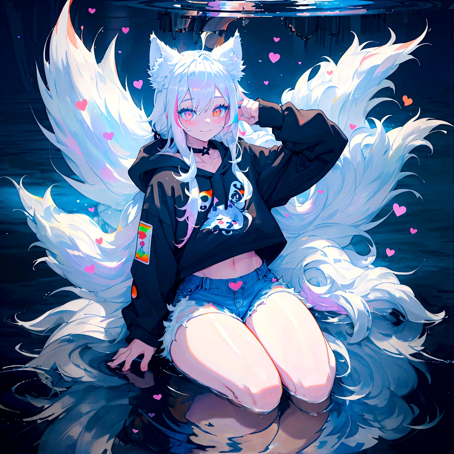 a cute adult male with wolf ears, long white hair, long locks, has a wolf tail, wearing a loose cropped black hoodie, wearing a pair of denim short shorts and fishnet stockings, thick thighs, wide hips, relaxing on mound of fluffy multi colored kawaii plushies, short, very slim, showing slender tummy, heart on hoodie, squishy thighs, has glowing blue eyes. alone, solo (ALONE)(SOLO), surrounded by rainbows, colorful galaxy backround, smiling, stretching out, water reflection