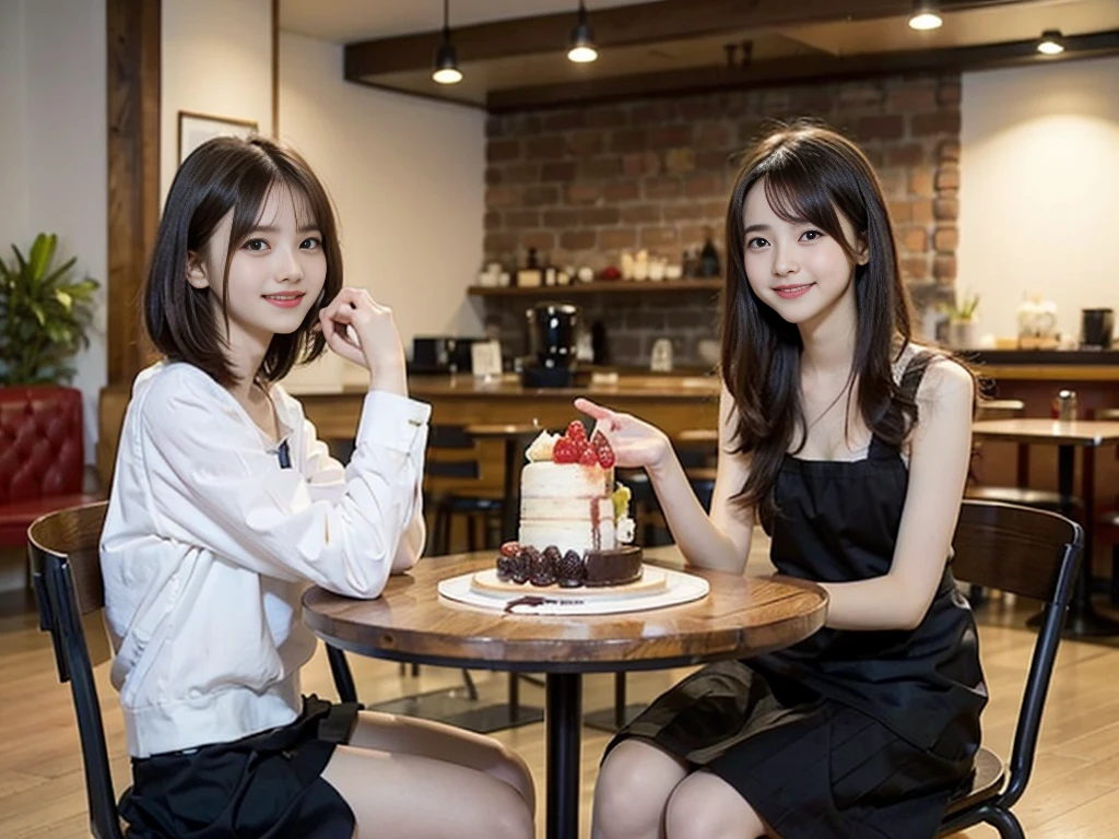 solo, smile,bobcut,beautiful girl,15 years old,(loli:1.2),(small brests:1.2),(skinny:1.2),(loli:1.2),highschool student,akb48,nogizaka46, (masutepiece, Best Quality:1.2), 8K, Official art, Raw photo, unbelievable Ridiculous, full body, Pretty Face, (Urban Cafe:1.2)、(cafes:1.2)、(Sitting in a chair:1.1),(Cake and coffee on the table:1.5)、(A smile:1.2)、Fringe hair, hime haircut, Brown hair,(cowboy shot:1.2)、