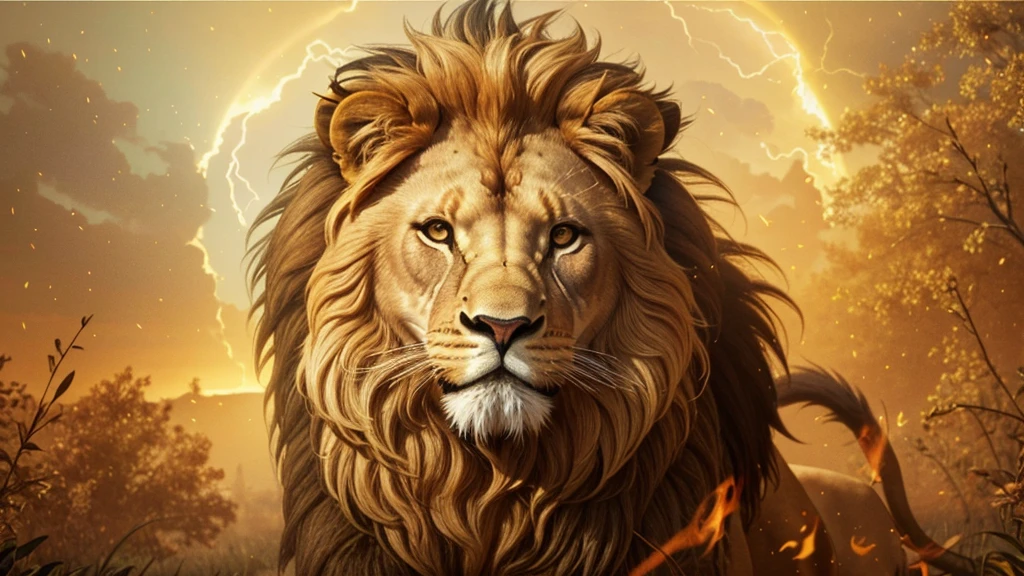 Lion, Divine Lion, Detailed Realistic Lion 16K, Golden Lion, Strong Lion, 16K detalhado realista, Luz solar realista 8K, Detailed realistic solar energy, Detailed realistic natural light, Solar Power Screws, ULTRAHD Photorealism, Ultra Realistic Detailed Colors, Texturas Detalhadas photorrealistics 16K, Contraste Natural 8K, Ultra Detalhado 8K, Nitidez 8K photorrealistic, golden light, black and gold, naturey, Linda, Rendering, photorrealistic, UltraHigh definition, 4K, detailed textures, thunder, detailed shadows, detailed colors, sunset, Sunset, SUNSET, naturey Linda, Great Divine, sunset, detailed contrast, realistic contrast, high resolution, detailed colors, fire, villany, divine creature, 8K Realista Detalhado, 16K, 8K, High definition, detailed contrast, realistic contrast, high resolution, detailed colors, fire, villany, divine creature, 8K, realistic detailed, chic,