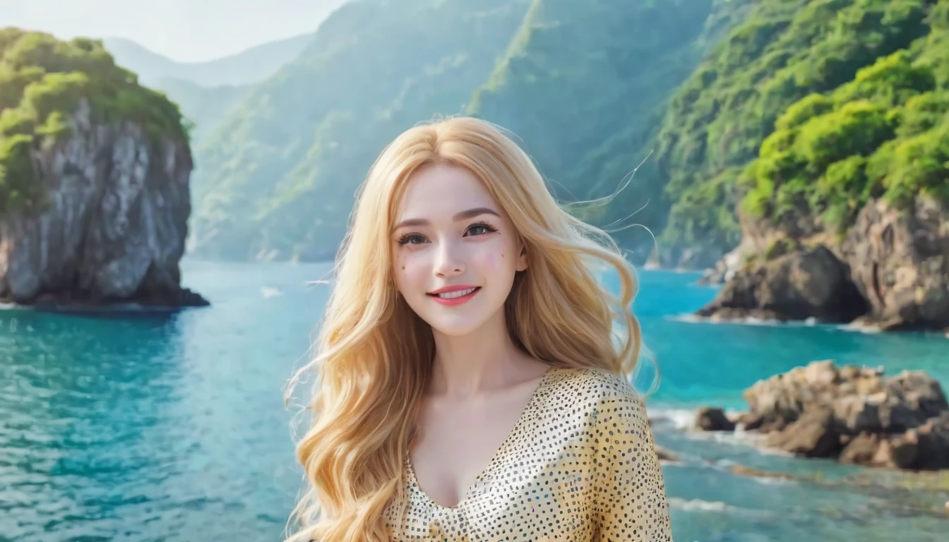 best quality HDR 4k, 8k, 1girl, (skindentation), (huge figure:1.2), (bright background:0.6), on island of lilliputs, miniature people of cyborgs surrounding her (casual yet stylish, elegant cloth, l dress with different colors dots inside dot inside dot:1.5 ), gorgeous, (long golden hair part of it flying in hair:1.5), hard lighting, wind, (front light:1.5), surprised happy smiling,