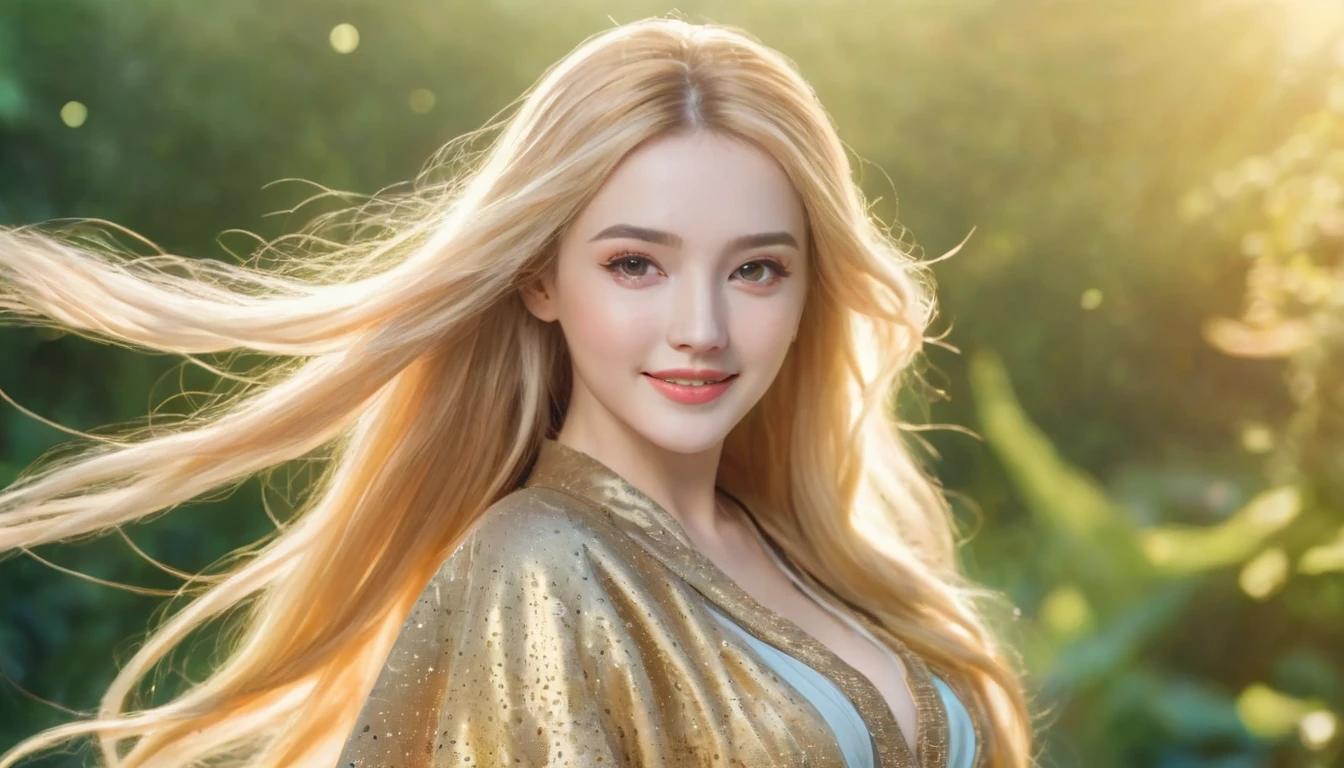 best quality HDR 4k, 8k, 1girl, (skindentation), (huge figure:1.2), (bright background:0.6), on  island of lilliputs, miniature people of cyborgs surrounding her (casual yet stylish, elegant cloth, l dress with different colors dots inside dot inside dot:1.5 ), gorgeous, (long golden hair part of it flying in hair:1.5), hard lighting, wind, (front light:1.5), surprised happy smiling, 