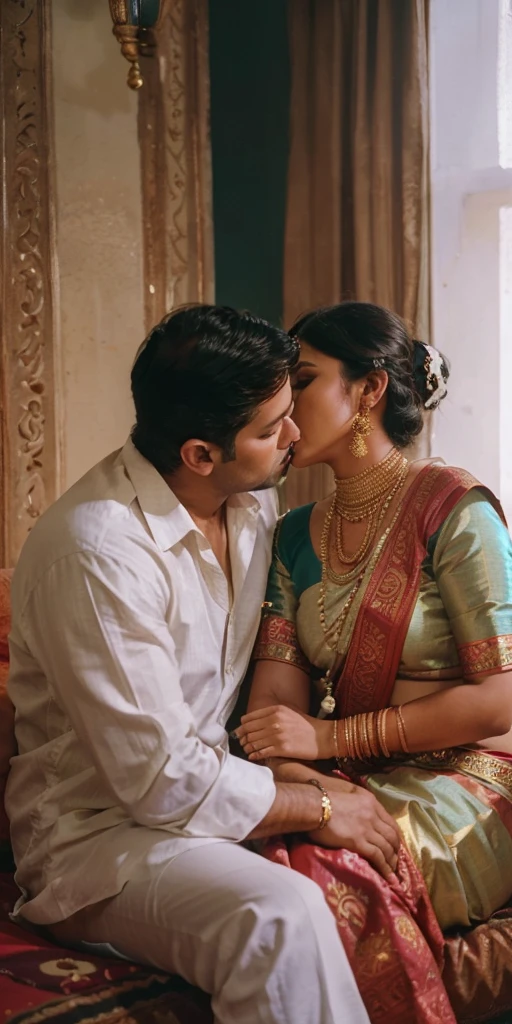 35mm film photography, A middle-aged Caucasian man with short dark hair tenderly embracing and kissing a young, curvaceous South Indian bride dressed in a traditional Indian dawani in a comfortable living room. A group of three Caucasian men observing the couple., high detail, split gradient colors background, full body image 