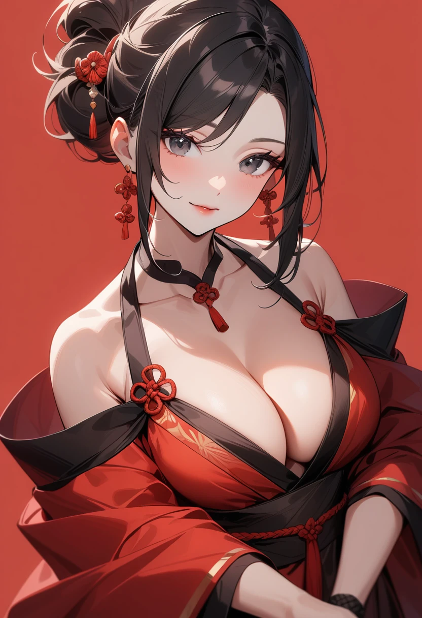 Mature women,Black long hair,Hair up,Red Hanfu,Showing cleavage,Show your shoulders,Beautiful black eyes,Extremely detailed,high resolution,Simple background
