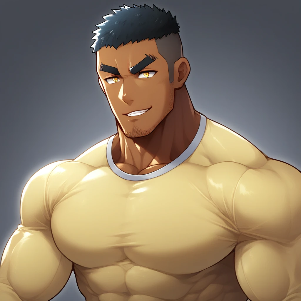 anime characters:Gyee, Muscle Sports Student, negro black skin, 1 dark skin muscular tough guy, Manliness, male focus, Light yellow high collar long sleeve tight T-shirt, Slightly transparent material, Very tight, Round, full and perky chest muscles, Slightly transparent, muscular male, muscular, only, Upper body, alone, Black short hair, Thick eyebrows, stubble, Yellow eyes, Grey background, simple background, amazing quality, best aesthetics, Ridiculous, bright pupils, crew cut, parted lips, seductive smile, torogao, naughty face, drop shadow, best quality
