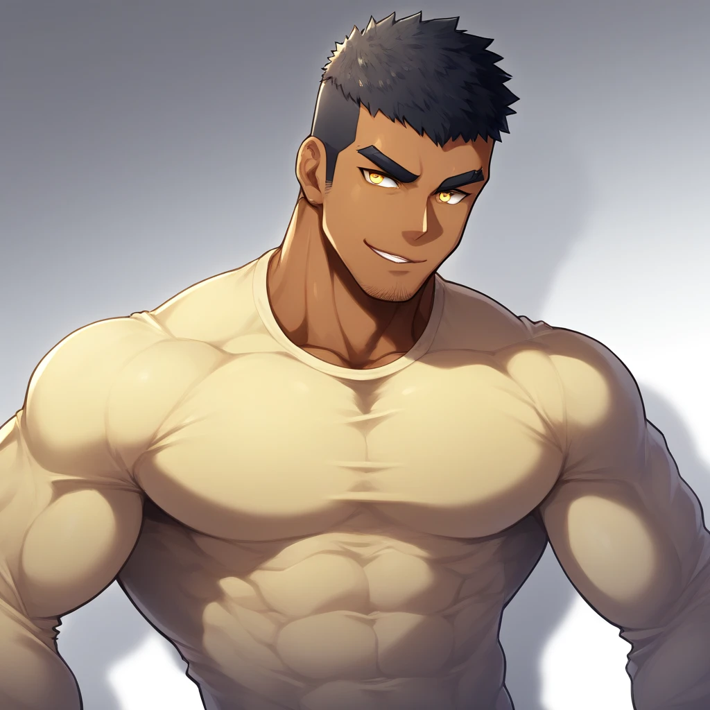 anime characters：Gyee, Muscle Sports Student, negro black skin, 1 dark skin muscular tough guy, Manliness, male focus, Light yellow high collar long sleeve tight T-shirt, Slightly transparent material, Very tight, Round, full and perky chest muscles, Slightly transparent, muscular male, muscular, only, Upper body, alone, Black short hair, Thick eyebrows, stubble, Yellow eyes, Grey background, simple background, amazing quality, best aesthetics, Ridiculous, bright pupils, crew cut, parted lips, seductive smile, torogao, naughty face, drop shadow, best quality