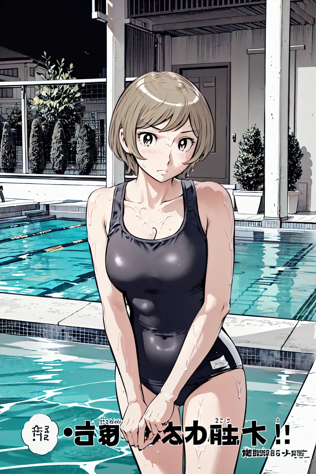 Blonde, (short hair:1.2)、((Illustration of a person))、Big Breasts、
View your viewers,, (Highest quality:1.3),blue eye star piece、Highest quality)、Highest quality, Ultra-high resolution, (((masterpiece))), alone, Sweat、Big eyes、Big Breasts、One Girl, Front view、Embarrassed face、Bronze colored hair、((short hair))、One Girl, alone, blush, Big Breasts,
Bare arms, Wet, Pool, 青いSchool Swimsuit, Thighs, Place your arms at your sides, Bare arms, Cowboy Shot, Are standing, School Swimsuit,bite、High Leg、mansuji