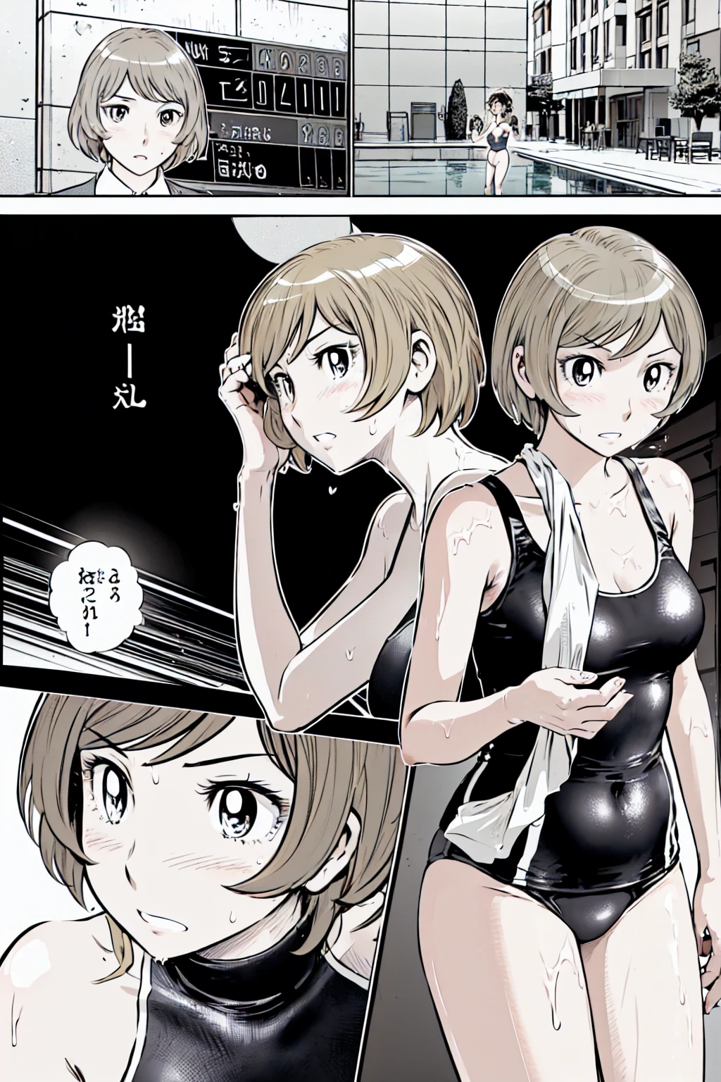 Blonde, (short hair:1.2)、((Illustration of a person))、Big Breasts、
View your viewers,, (Highest quality:1.3),blue eye star piece、Highest quality)、Highest quality, Ultra-high resolution, (((masterpiece))), alone, Sweat、Big eyes、Big Breasts、One Girl, Front view、Embarrassed face、Bronze colored hair、((short hair))、One Girl, alone, blush, Big Breasts,
Bare arms, Wet, Pool, 青いSchool Swimsuit, Thighs, Place your arms at your sides, Bare arms, Cowboy Shot, Are standing, School Swimsuit,bite、High Leg、mansuji
