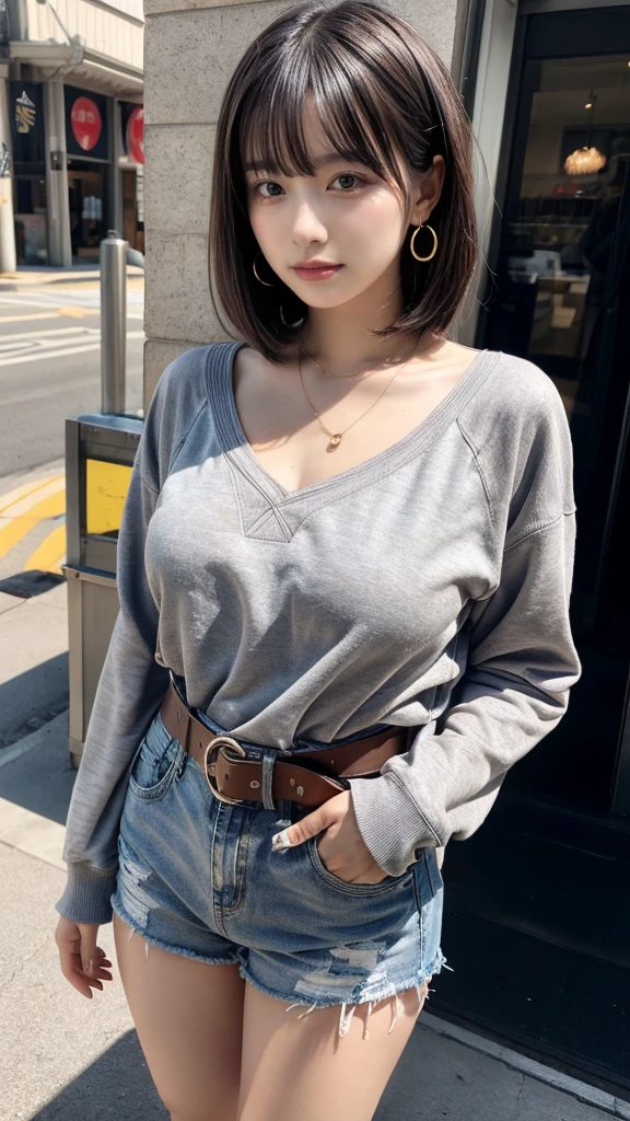 masterpiece, best quality, illustration, Super detailed, fine details, High resolution, 8K,wall paper, perfect dynamic composition, full body photo,  leaning forward, (Details High quality, realistic depiction of eyes:1.3), 20 year old girl, Gravure Idol, cute type, large breasts, short bob hair, black hair color, Korean style makeup, Big Natural Color Lip, thick thighs, perfect body shape, plump figure, champion gray sweatshirt, denim short pants, Leather belt, necklace, earrings