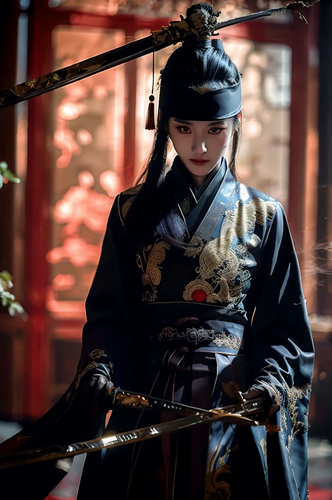 Wearing traditional Chinese costume with embroidery,Dynamic Angle,perspective,Realistic,Shine,
xuer embroidered uniform guard,Have,One girl,Holding a sword,Black Hair,alone focus,gloves,alone,Blurred,Long Hair,Long sleeve,