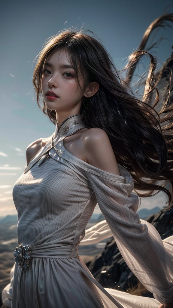 (masterpiece, Highest品質, Highest, Official Art, beautifully、aesthetic, Long exposure: 1.2), Smooth movement, Attractive patterns, 1 Girl, (Long dress with sleeves: 1.3), (((White clothes) )), Upper Body close-up, Bare shoulders, Chinese Girl, blush, Black lob hair, Portraiture, alone, Upper Body, Observing the observer, Detailed Background, Detailed face, (Crystal AI, Crystal Theme:1.1), Wind Elf, Rotating wind, Controlling the Wind, White crystal clothes, Dynamic pose, Suspended particles, Aether Dynamics, whirlwind, vapor, whirlwind in the background, White Tone, whirlwind, Great atmosphere,