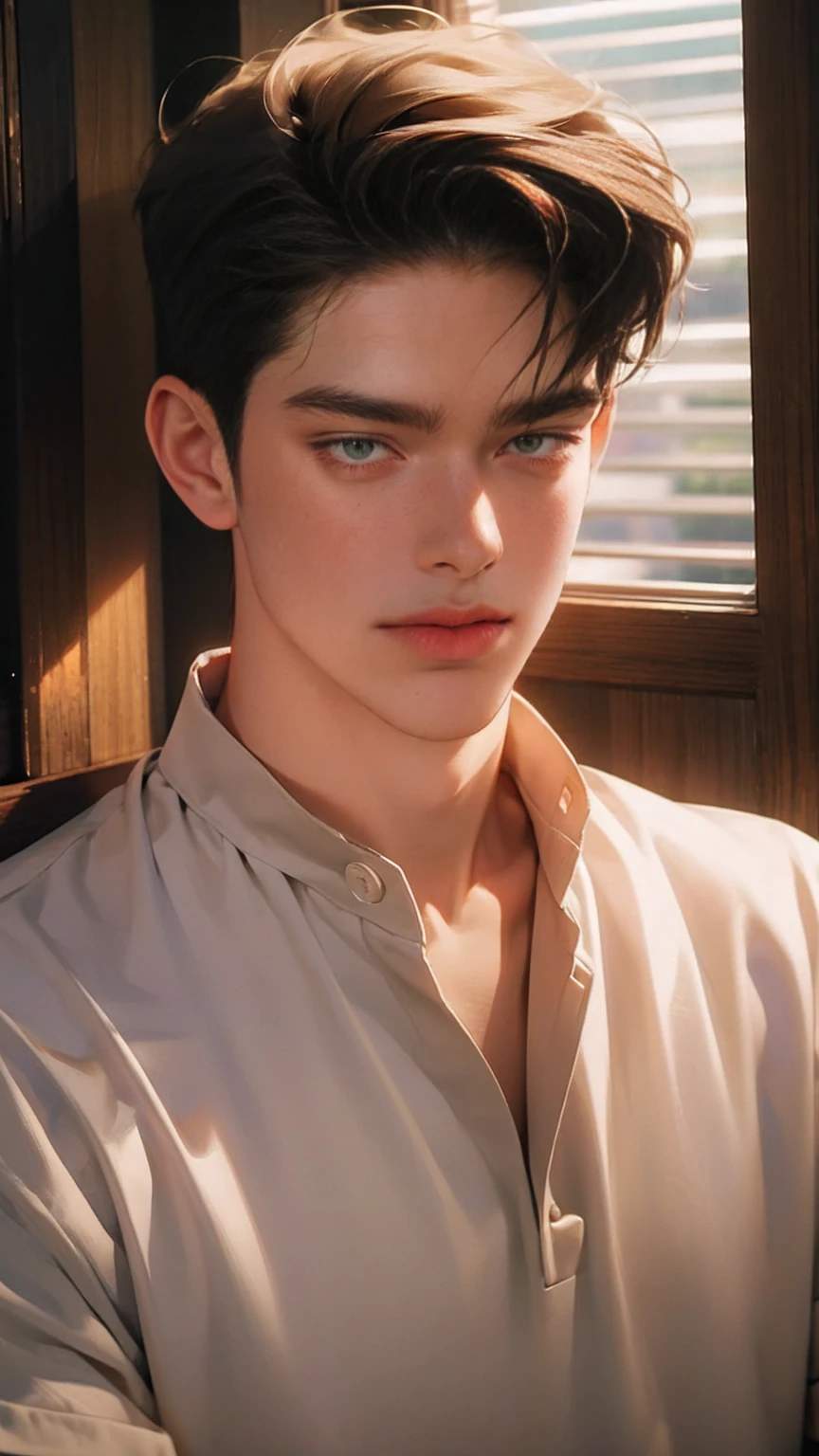(Higher resolution, clearly_image) Best quality, A man, masterpiece, Very detailed, Semi-realistic, 21 years old, beautiful, young, Handsome, t-shirt, Lilac shirt pull, Collar around the neck, Internal, modern room, window, wake up, morning, blush, Smile