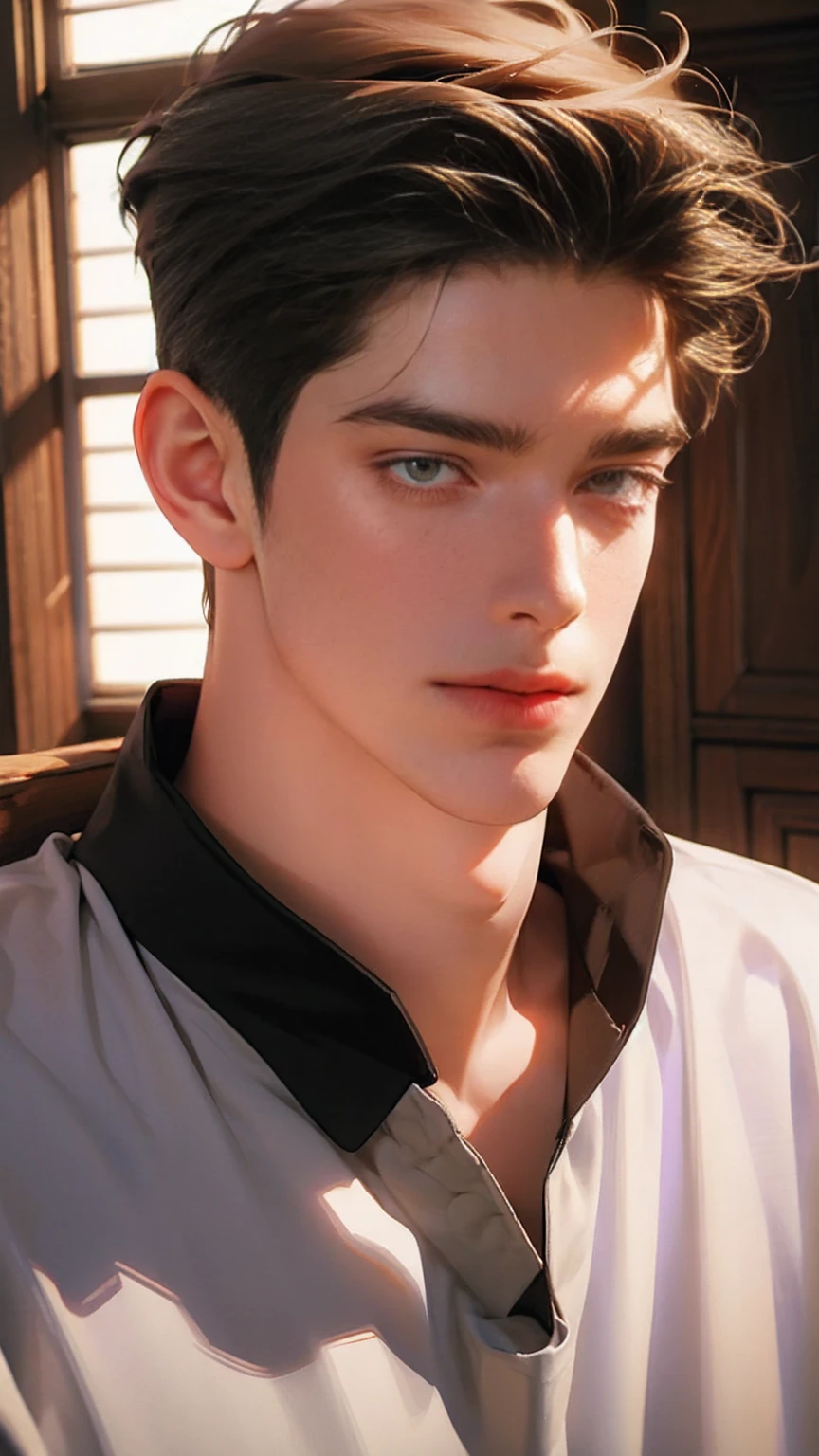 (Higher resolution, clearly_image) Best quality, A man, masterpiece, Very detailed, Semi-realistic, 21 years old, beautiful, young, Handsome, t-shirt, Lilac shirt pull, Collar around the neck, Internal, modern room, window, wake up, morning, blush, Smile
