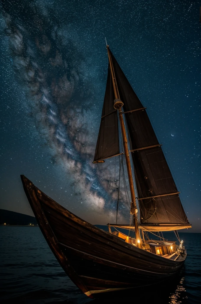 Old dark wooden boat, at night with stars in the sky and a young man with a tunic on top