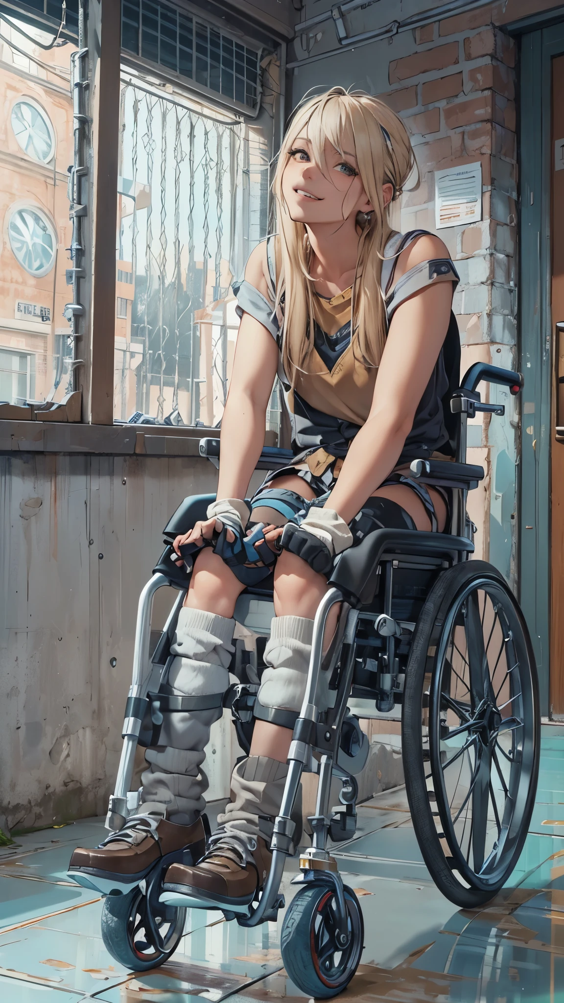 (Very detailed, Realistic), Cityscape, [moderately:Oil], [Professional:1.1], [Physically Based Rendering], [Bright colors], [Sharp focus], [Studio Lighting], [Extreme Detail], [Highest quality,4K,8K,High resolution,masterpiece:1.2],(Detailed face),((inside the hospital)),((One 18-year-old woman)),(Blonde unkempt hair),(dark),(it hurts),(Scary),(grin),[Nervous eyes],((her legs are very thin)),((She walks with crutches,Crutch length from armpit,Crutches are at her side)),((she leans on her crutches)),((she’s putting on her legs in cast)),((leg braces)),((leg braces)),((she’s wheelchair user)),((she’s wheelchair user)),((Her feet are turned inwards)),(street casual fashion,cold shoulder tops,shorts,loose socks),((lace-up-boots)),(gloves,Knee pads),.