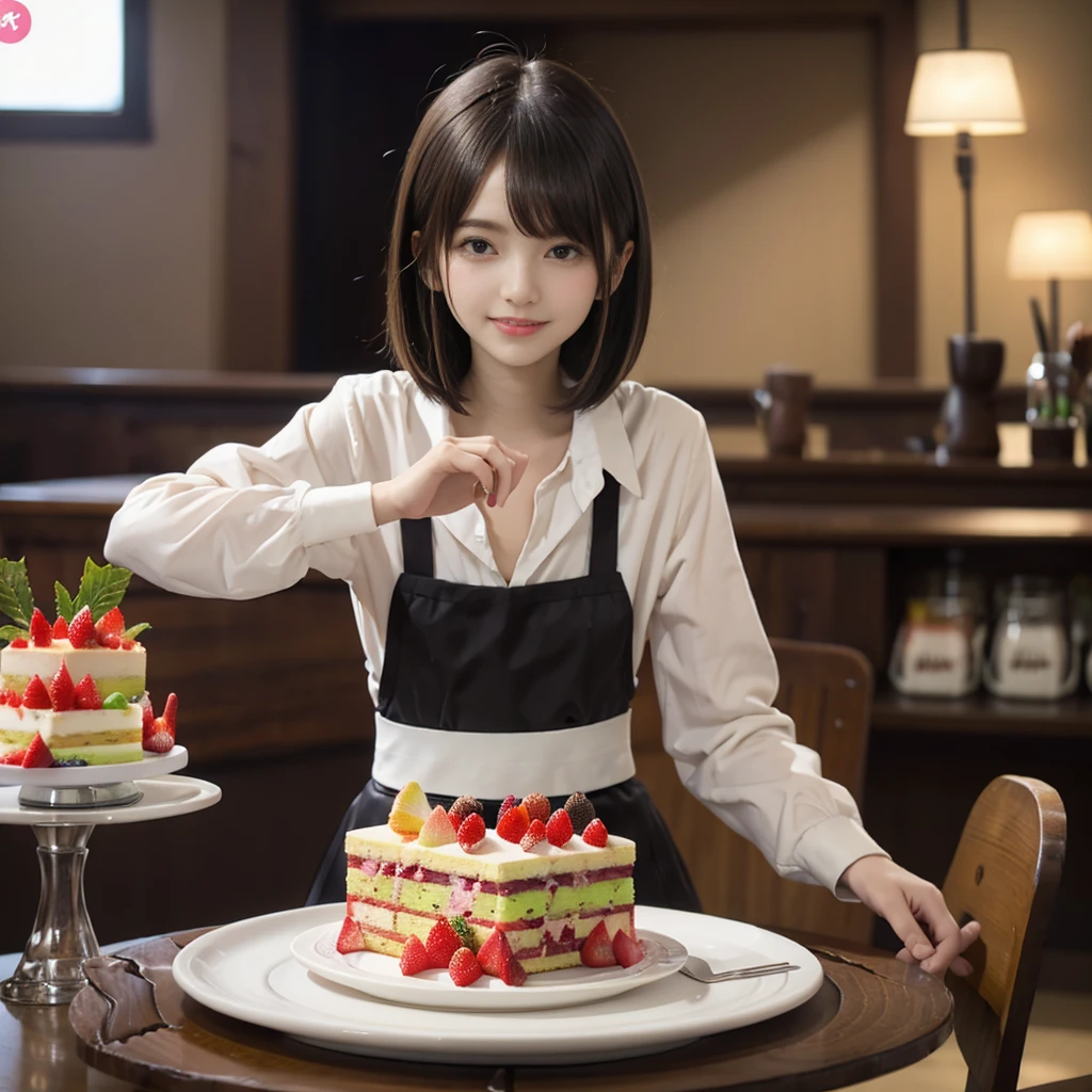 solo, smile,bobcut,beautiful girl,15 years old,(loli:1.2),(small brests:1.2),(skinny:1.2),(loli:1.2),highschool student,akb48,nogizaka46, (masutepiece, Best Quality:1.2), 8K, Official art, Raw photo, unbelievable Ridiculous, full body Esbian,   Pretty Face, (Urban Cafe:1.2)、(cafes:1.2)、(Sitting in a chair:1.1),(Cake and coffee on the table:1.5)、(A smile:1.2)、Fringe hair, hime haircut, Brown hair,(cowboy  shot:1.2)、