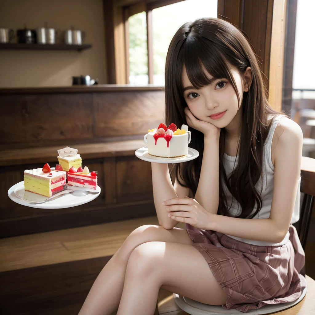 solo, smile,bobcut,beautiful girl,,(loli:1.2),(s brests:1.2),(skinny:1.2),(loli:1.2),highsc student,akb48,nogizaka46, (masutepiece, Best Quality:1.2), 8K, Official art, Raw photo, unbelievable Ridiculous, full body Esbian, Pretty Face, (Urban Cafe:1.2)、(cafes:1.2)、(Sitting in a chair:1.1),(Cake and coffee on the table:1.5)、(A smile:1.2)、Fringe hair, hime haircut, Brown hair,(cowboy shot:1.2)、