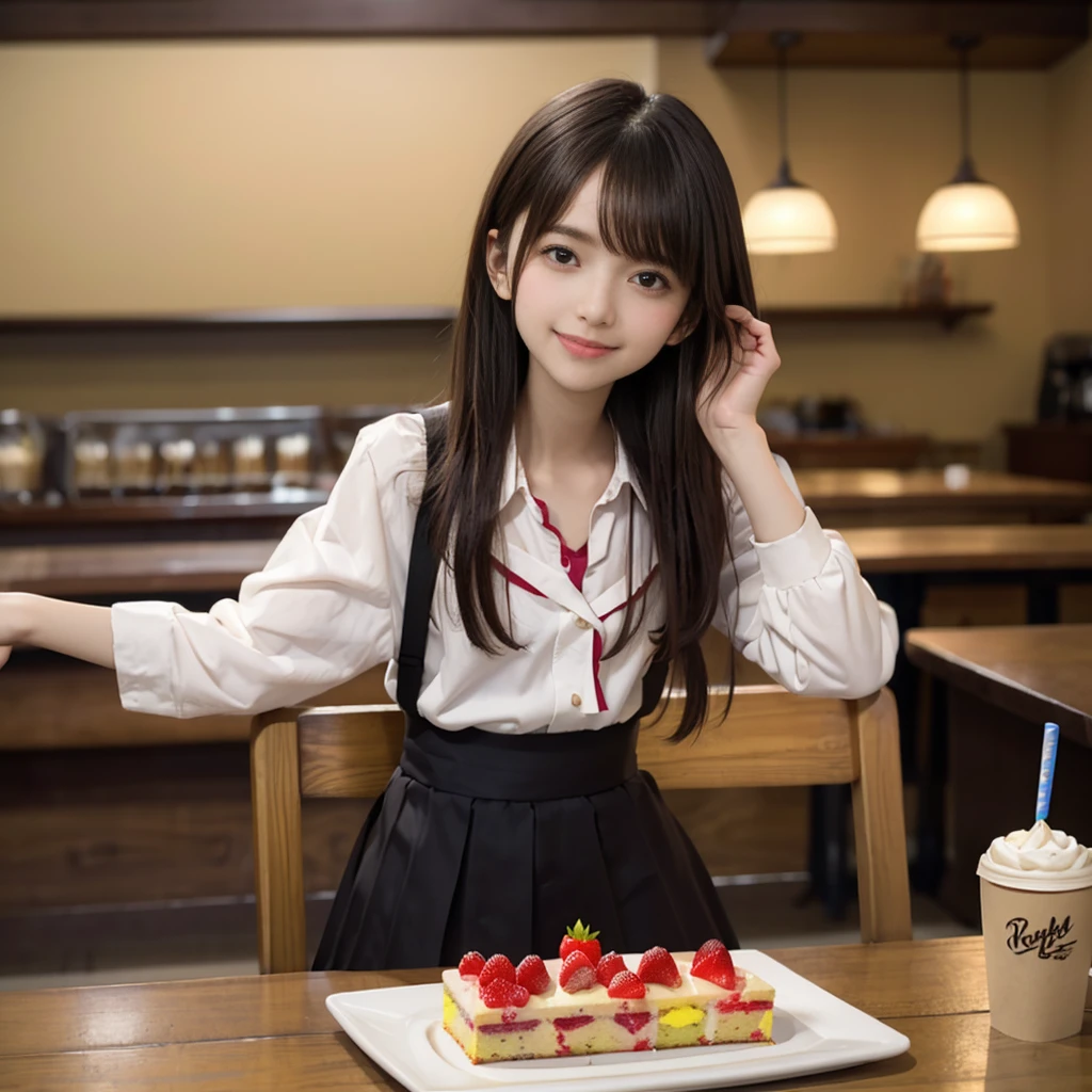 solo, smile,bobcut,beautiful girl,15 years old,(loli:1.2),(small brests:1.2),(skinny:1.2),(loli:1.2),highschool student,akb48,nogizaka46, (masutepiece, Best Quality:1.2), 8K, Official art, Raw photo, unbelievable Ridiculous, full body Esbian, Pretty Face, (Urban Cafe:1.2)、(cafes:1.2)、(Sitting in a chair:1.1),(Cake and coffee on the table:1.5)、(A smile:1.2)、Fringe hair, hime haircut, Brown hair,(cowboy shot:1.2)、
