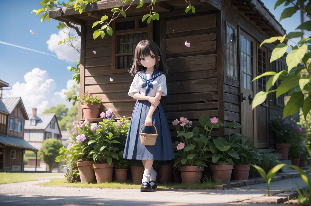 (masterpiece),  town,  blue sky,  One Girl,  smile,  alone,  Sailor suit、Long skirt,  Overgrown,  petal,  plant、Skirt lining、Translucent slip、Nostalgic