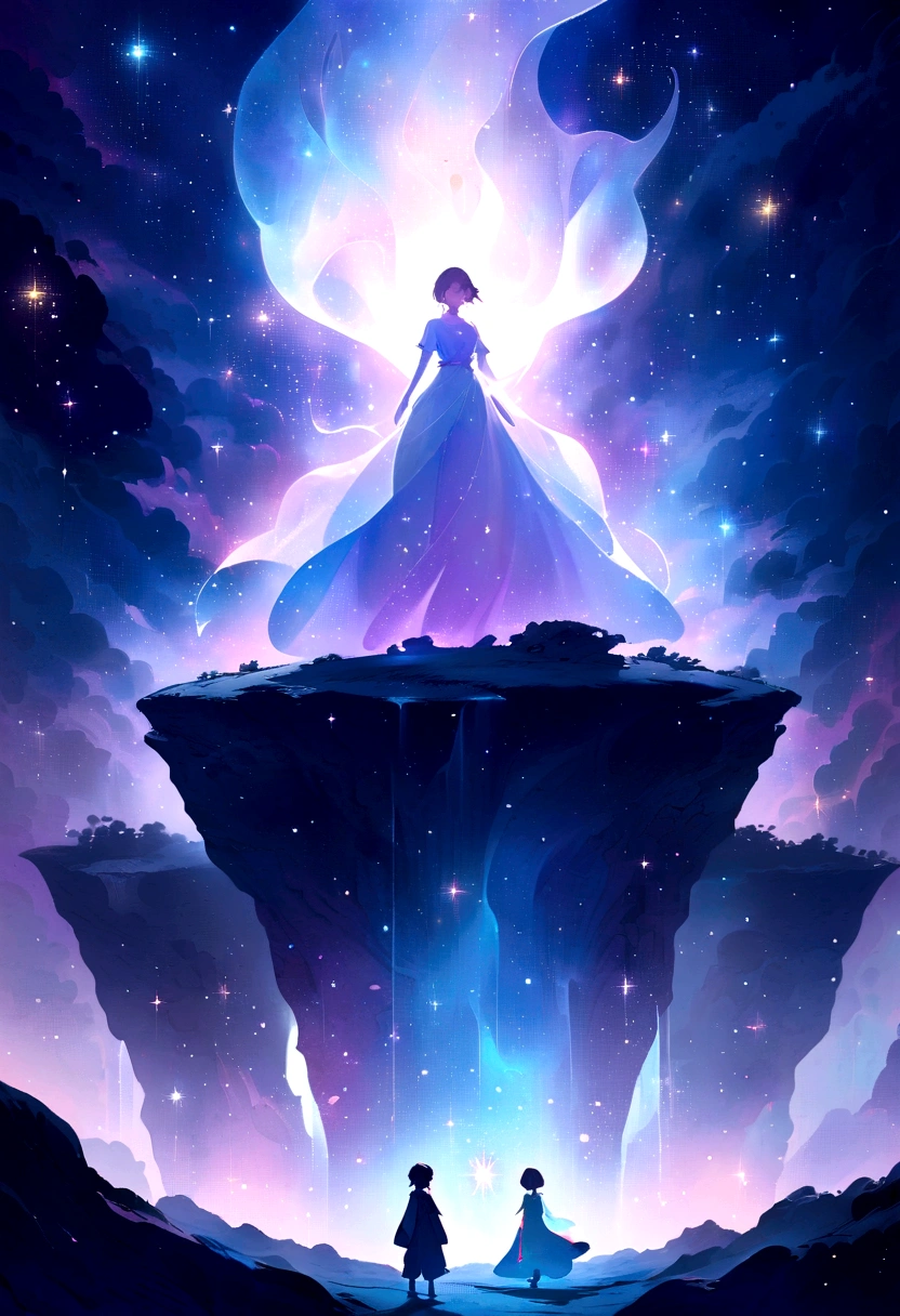 Anime-style illustration of an ethereal and mysterious scene. A young protagonist, with a look of determination and wonder, stands at the edge of a cliff overlooking an endless, starry sky. Ghostly, translucent figures float in the air, representing the intangible nature of dreams and aspirations. Soft, glowing light emanates from the stars and the figures, creating a mystical and serene atmosphere. The overall color palette should be a blend of dark blues, purples, and soft whites, capturing the beauty and enigma of the unknown.
