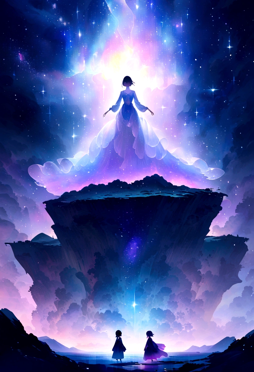 Anime-style illustration of an ethereal and mysterious scene. A young protagonist, with a look of determination and wonder, stands at the edge of a cliff overlooking an endless, starry sky. Ghostly, translucent figures float in the air, representing the intangible nature of dreams and aspirations. Soft, glowing light emanates from the stars and the figures, creating a mystical and serene atmosphere. The overall color palette should be a blend of dark blues, purples, and soft whites, capturing the beauty and enigma of the unknown.