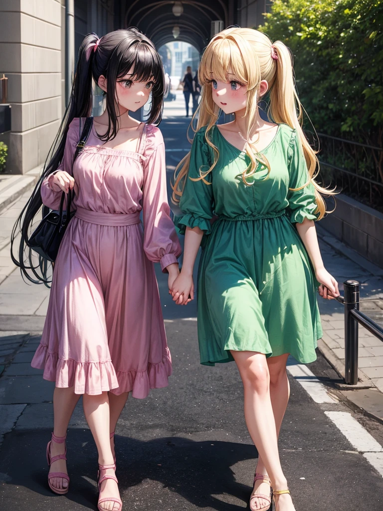 Two adult girls holding hands, One wears two blonde pigtails falling over her shoulders and a pink jumpsuit-type dress while the other wears a long-sleeved green dress., He has black eyes and black hair, long, loose hair without any ties, Her hair reaches her waist and she has straight bangs.