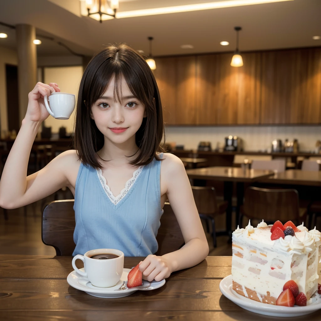 solo, smile,bobcut,beautiful girl,,(loli:1.2),(s brests:1.2),(skinny:1.2),(loli:1.2),highsc student,akb48,nogizaka46, (masutepiece, Best Quality:1.2), 8K, Official art, Raw photo, unbelievable Ridiculous, full body Esbian, Pretty Face, (Urban Cafe:1.2)、(cafes:1.2)、(Sitting in a chair:1.1),(Cake and coffee on the table:1.5)、(A smile:1.2)、Fringe hair, hime haircut, Brown hair,(cowboy shot:1.2)、