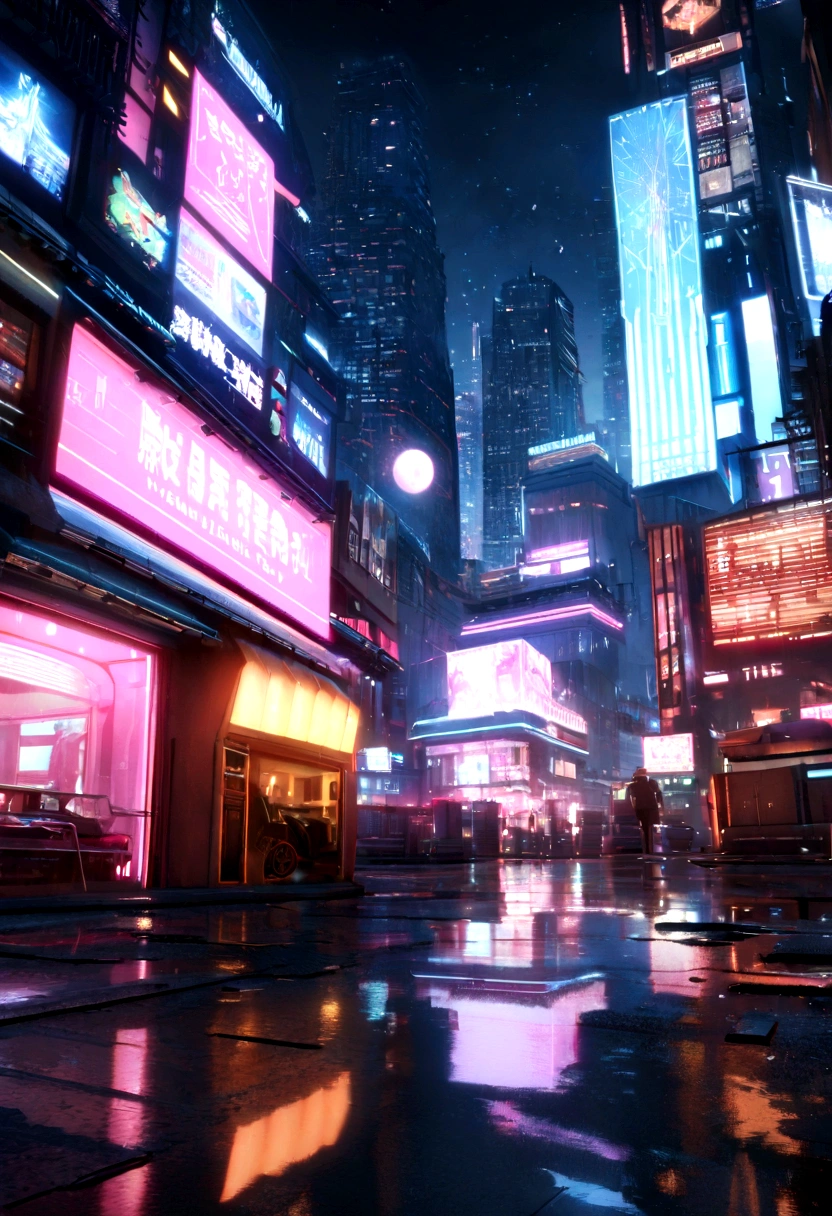 Ultra-realistic 3D 4K images of a futuristic cityscape at night. The city is supposed to be full of intricate details., From gleaming skyscrapers to streets bustling with driverless cars. Use lighting to create a cyberpunk metropolis atmosphere with neon signs, Holographic Signage, Reflection on wet pavement. The stage stands tall against the starry night sky, Shining Moon. High Dynamic Range and other options (High resolution) Ray tracing is recommended for the most realistic and immersive results. The final image should convey a sense of awe and wonder..