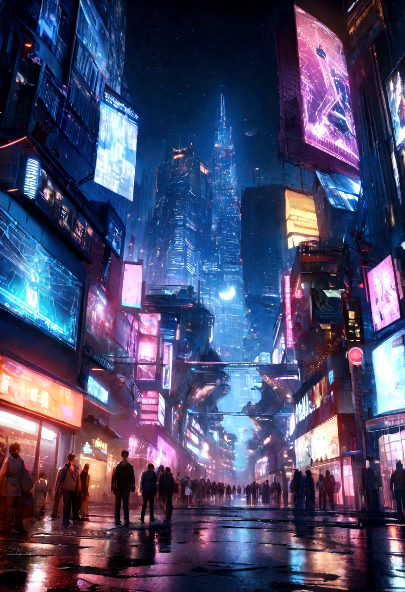 Ultra-realistic 3D 4K images of a futuristic cityscape at night. The city is supposed to be full of intricate details., From gleaming skyscrapers to streets bustling with driverless cars. Use lighting to create a cyberpunk metropolis atmosphere with neon signs, Holographic Signage, Reflection on wet pavement. The stage stands tall against the starry night sky, Shining Moon. High Dynamic Range and other options (High resolution) Ray tracing is recommended for the most realistic and immersive results. The final image should convey a sense of awe and wonder..