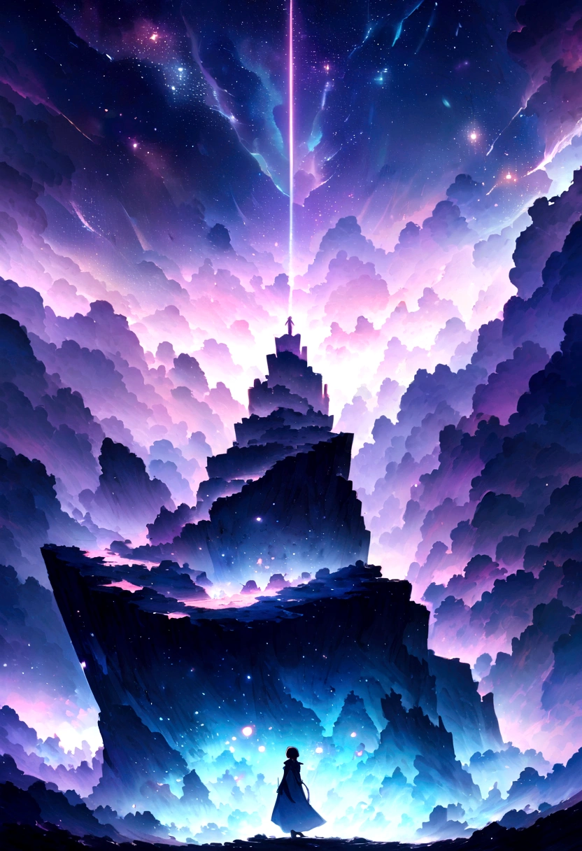 Anime-style illustration of an ethereal and mysterious scene. A young protagonist, with a look of determination and wonder, stands at the edge of a cliff overlooking an endless, starry sky. Ghostly, translucent figures float in the air, representing the intangible nature of dreams and aspirations. Soft, glowing light emanates from the stars and the figures, creating a mystical and serene atmosphere. The overall color palette should be a blend of dark blues, purples, and soft whites, capturing the beauty and enigma of the unknown.
