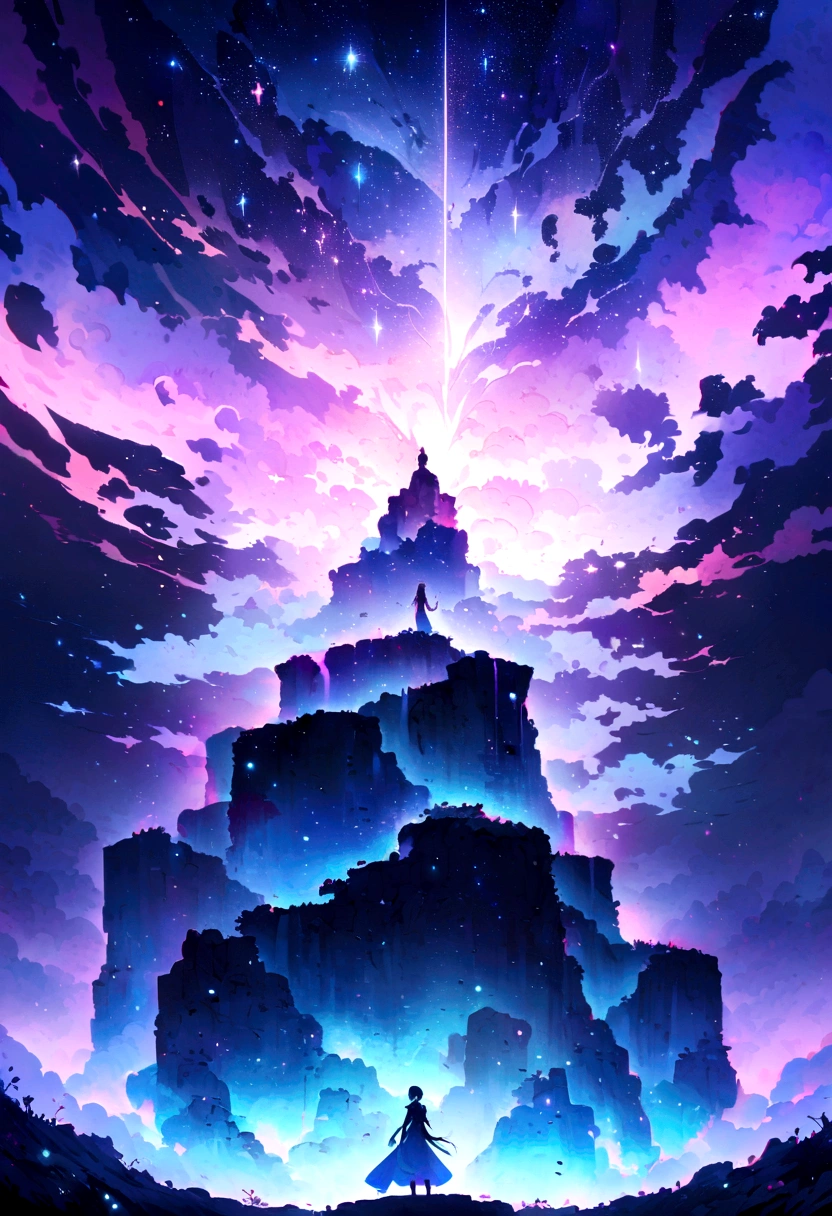 Anime-style illustration of an ethereal and mysterious scene. A young protagonist, with a look of determination and wonder, stands at the edge of a cliff overlooking an endless, starry sky. Ghostly, translucent figures float in the air, representing the intangible nature of dreams and aspirations. Soft, glowing light emanates from the stars and the figures, creating a mystical and serene atmosphere. The overall color palette should be a blend of dark blues, purples, and soft whites, capturing the beauty and enigma of the unknown.
