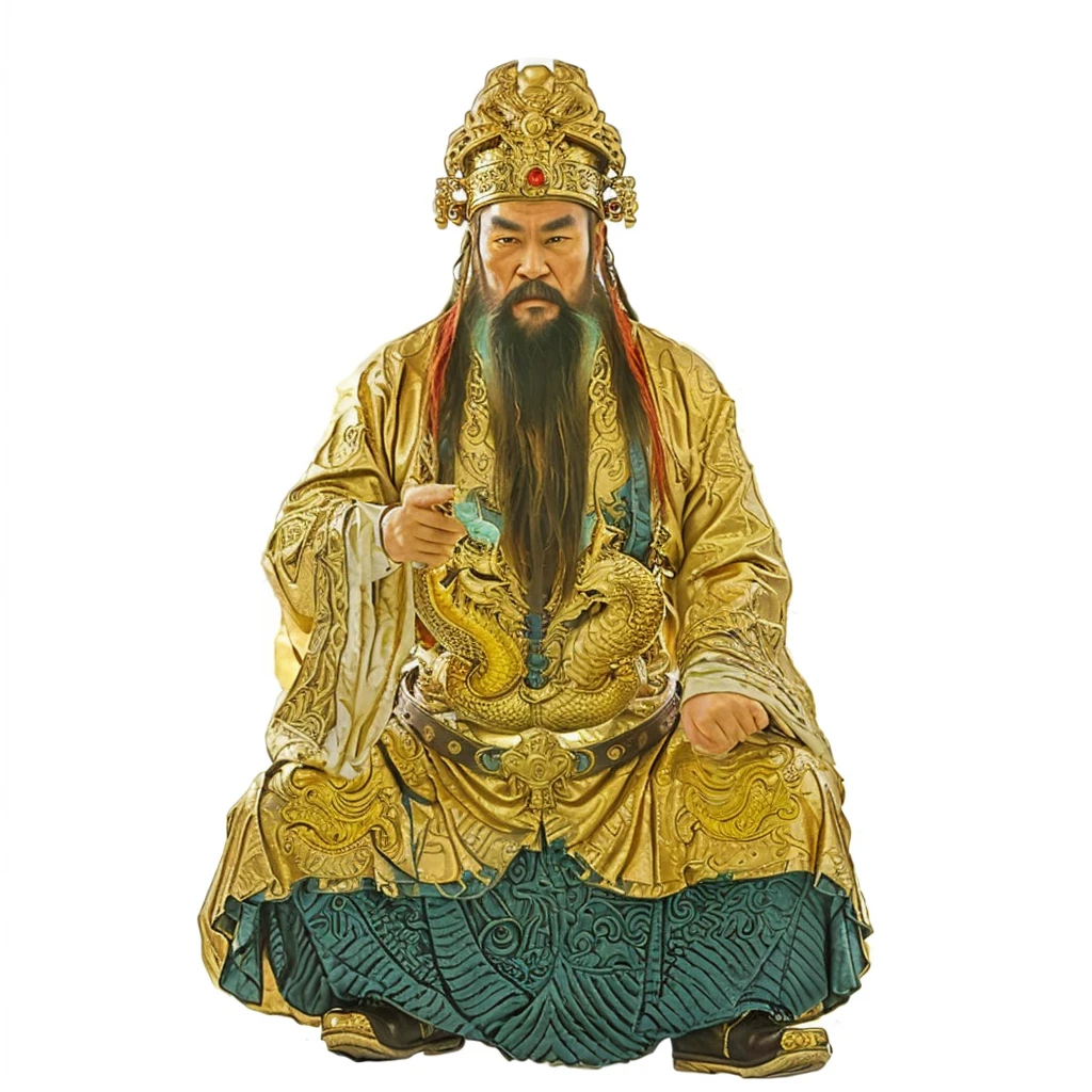 ancient chinese old man with long beard, wearing luxurious gold dragon robe with blue ocean pattern at the bottom, 2 belts with green jades, black boots, hand holding the belt