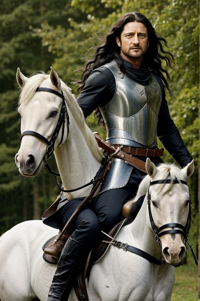 Gerard Butler with very long black hair, her curls move with the wind, Riding a white horse, carries a sword in a sheath on his hip.
magical, petals fly