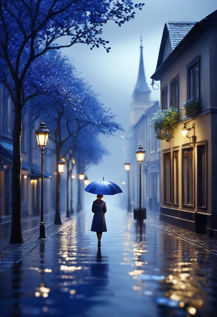 Rainy day background, Miniature illumination style, Igor Zenin, Light bronze and indigo, Pegi Nicole MacLeod, Calm your mind、Introspective aesthetics, Fascinating lighting, Joel Robison