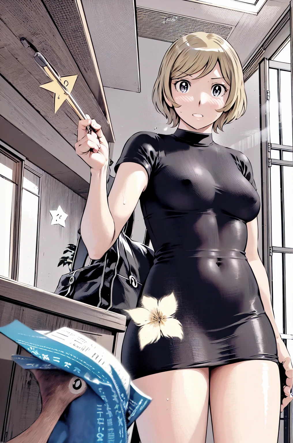、(masterpiece、Highest quality)、Highest quality, Ultra-high resolution, (((masterpiece))), alone, Sweat、Big eyes, Composition from the front、Shortcuts、Embarrassed face、Blonde Hair、Cut your hair short、School classroom、Sailor suit、skirt、short hair、Browsing Caution、Upper body naked、Breasts exposed、Nipples、Large areola、Sitting in a chair without a backrest、Internal Medicine Examination、Woman showing her body、belly button、真Composition from the front、School Insurance Office、curtain、cubicle、window、door、Fluorescent lamp