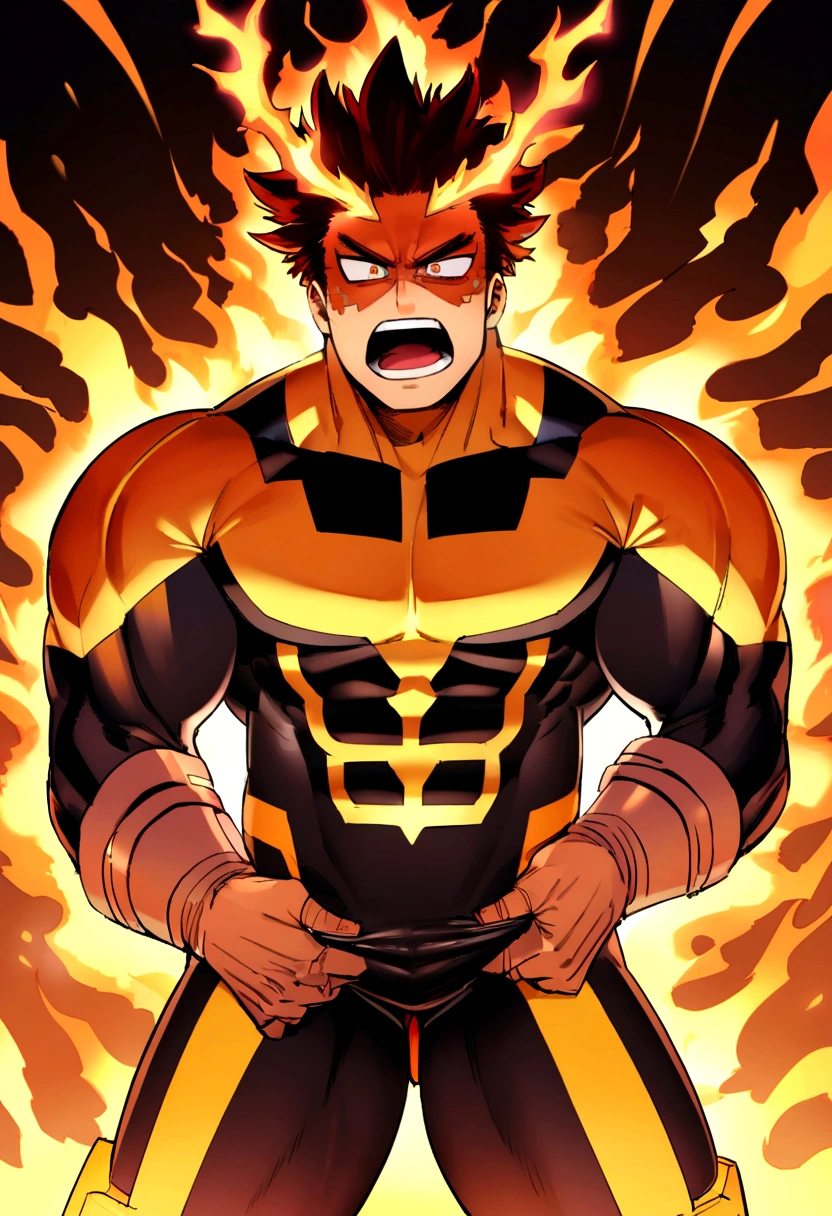 Endeavor, my hero academia, from front, super fine, bodysuits, middle-aged man, hunk, looking down and mouth wide open with shocked face, crotch grab, crotch squeeze,