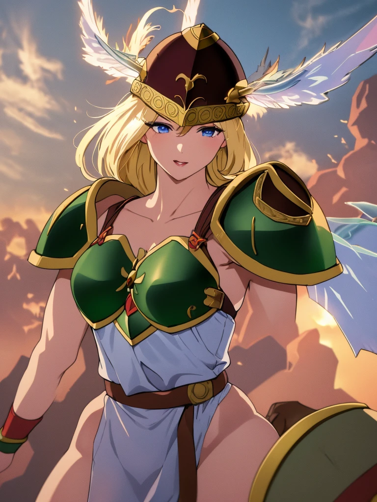 masterpiece, ultra-detailed, best quality,1girl, 18yo, beautiful girl,BREAK,(Armor:1.8),BREAK,(Helmet with wings:1.8),(voluptuous bust:1.3),(Gaunt , thin waist:1.2),