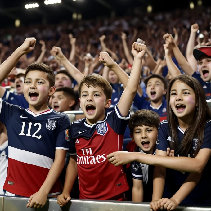 Best quality, masterpiece, 4K, photorealistic, group of young fans are celebrating after Harry Kane scores a goal at a soccer game. Absolute hardcore fans